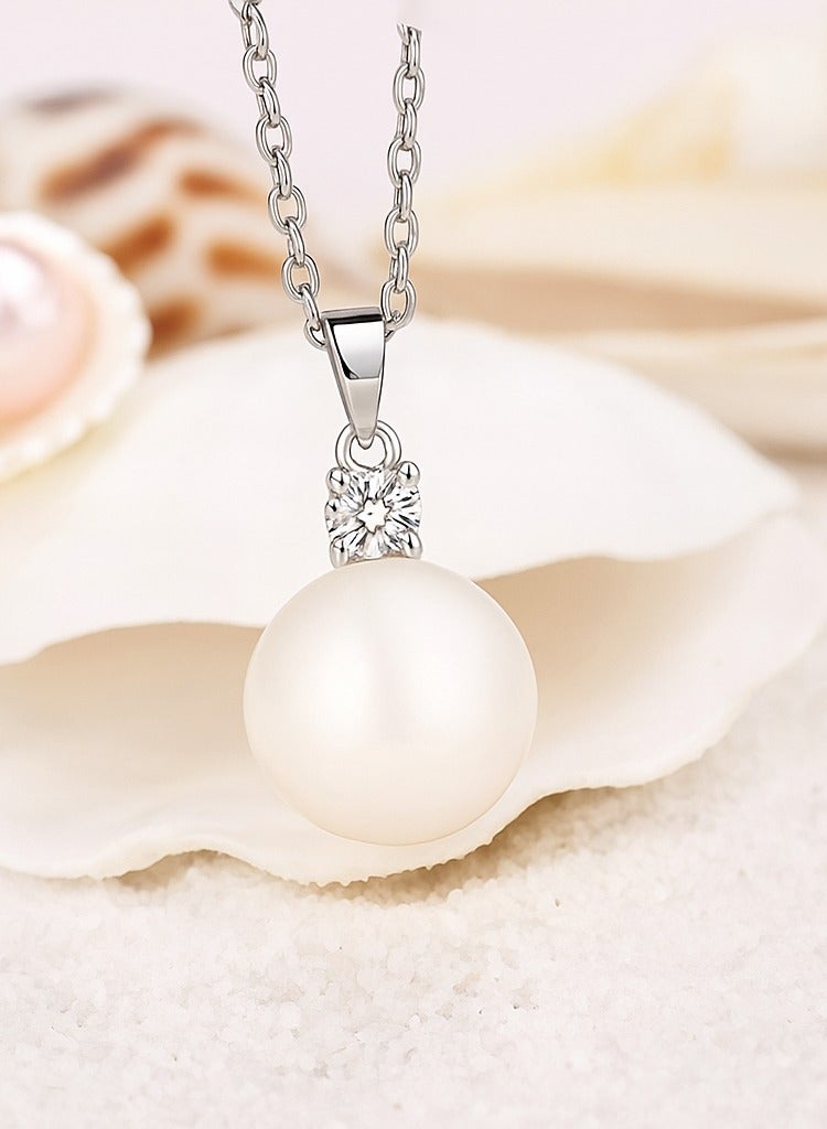 Sterling Silver 925 Freshwater Pearl Necklace with Cubic Zirconia Pendant, Elegant Women's Jewelry, Romantic Gift, 40 cm, Comes With Gift Box - Image 3